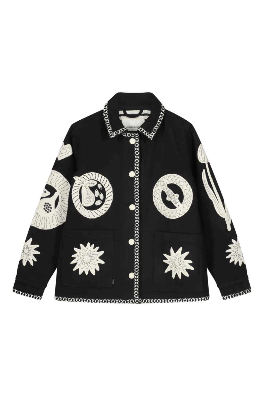 Fabienne Chapot black jacket with white embroidery and stitched trim front view – Dotique

