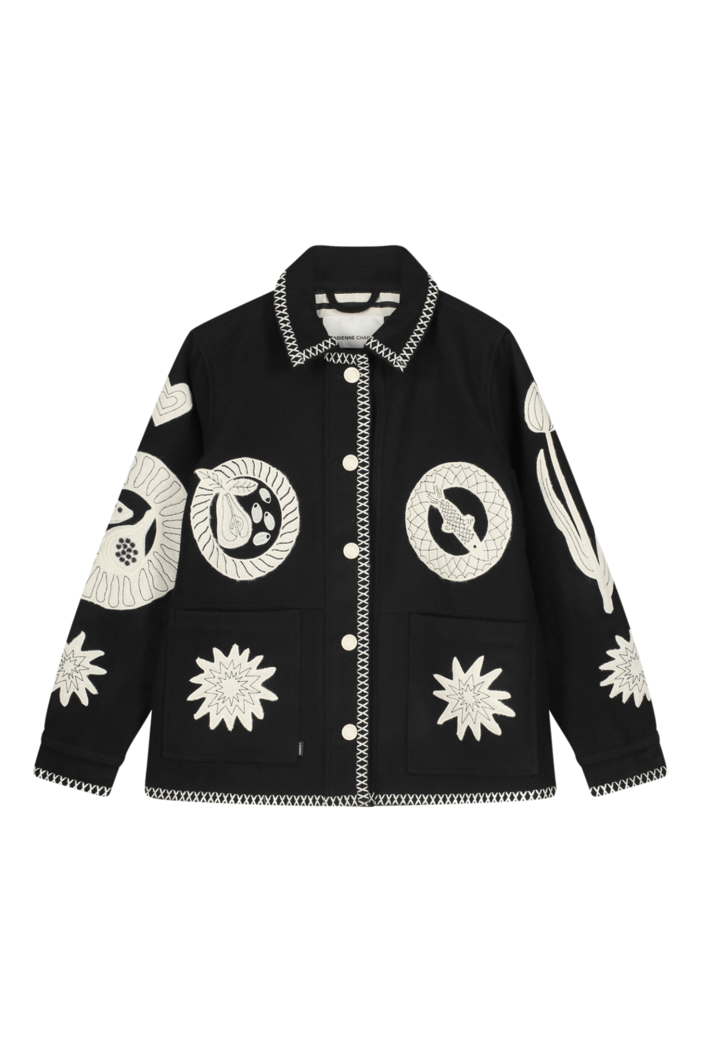 Fabienne Chapot black jacket with white embroidery and stitched trim front view – Dotique

