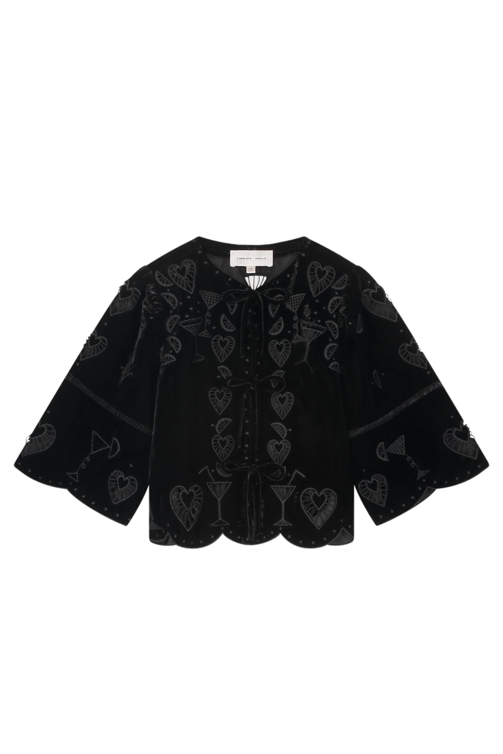 Fabienne Chapot black velvet top with embroidered motifs, tie front, and scalloped sleeves front view – Dotique

