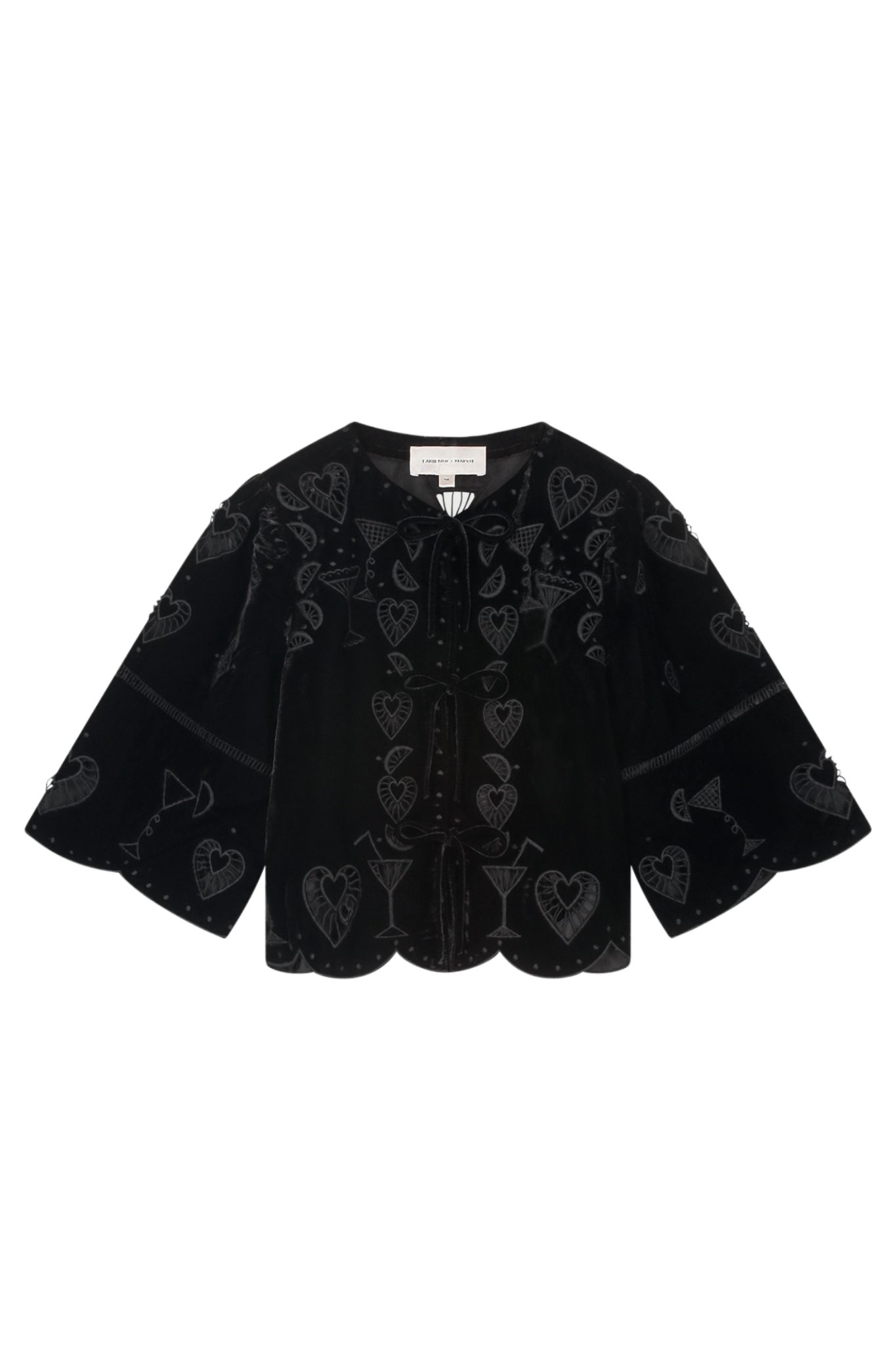 Fabienne Chapot black velvet top with embroidered motifs, tie front, and scalloped sleeves front view – Dotique

