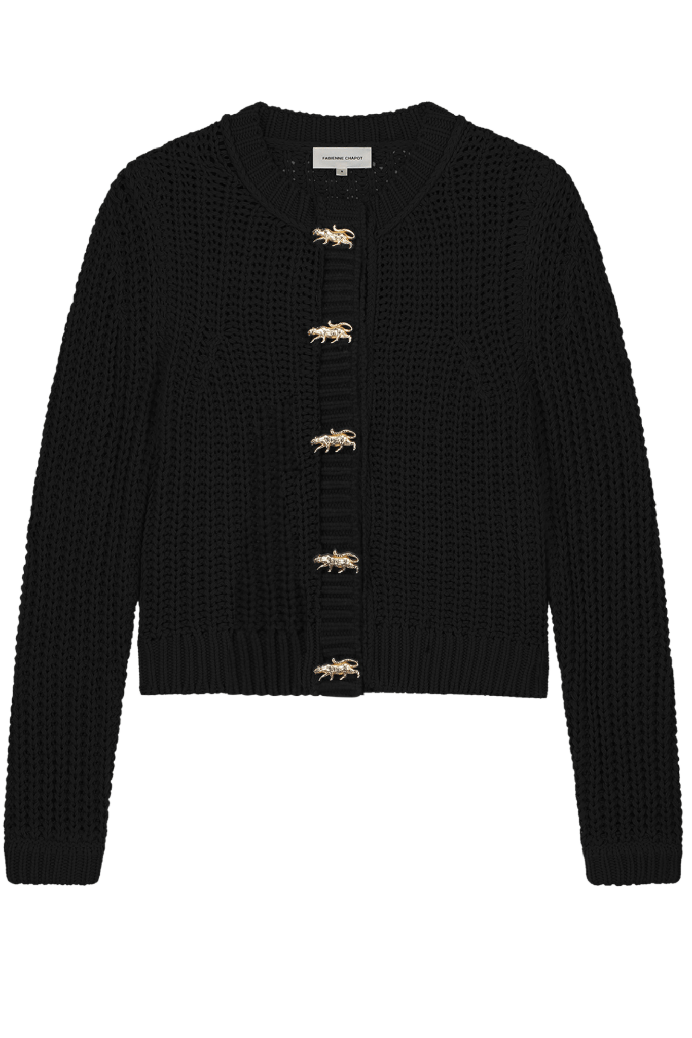 Fabienne Chapot black knitted cardigan with gold leopard buttons front view – Dotique


