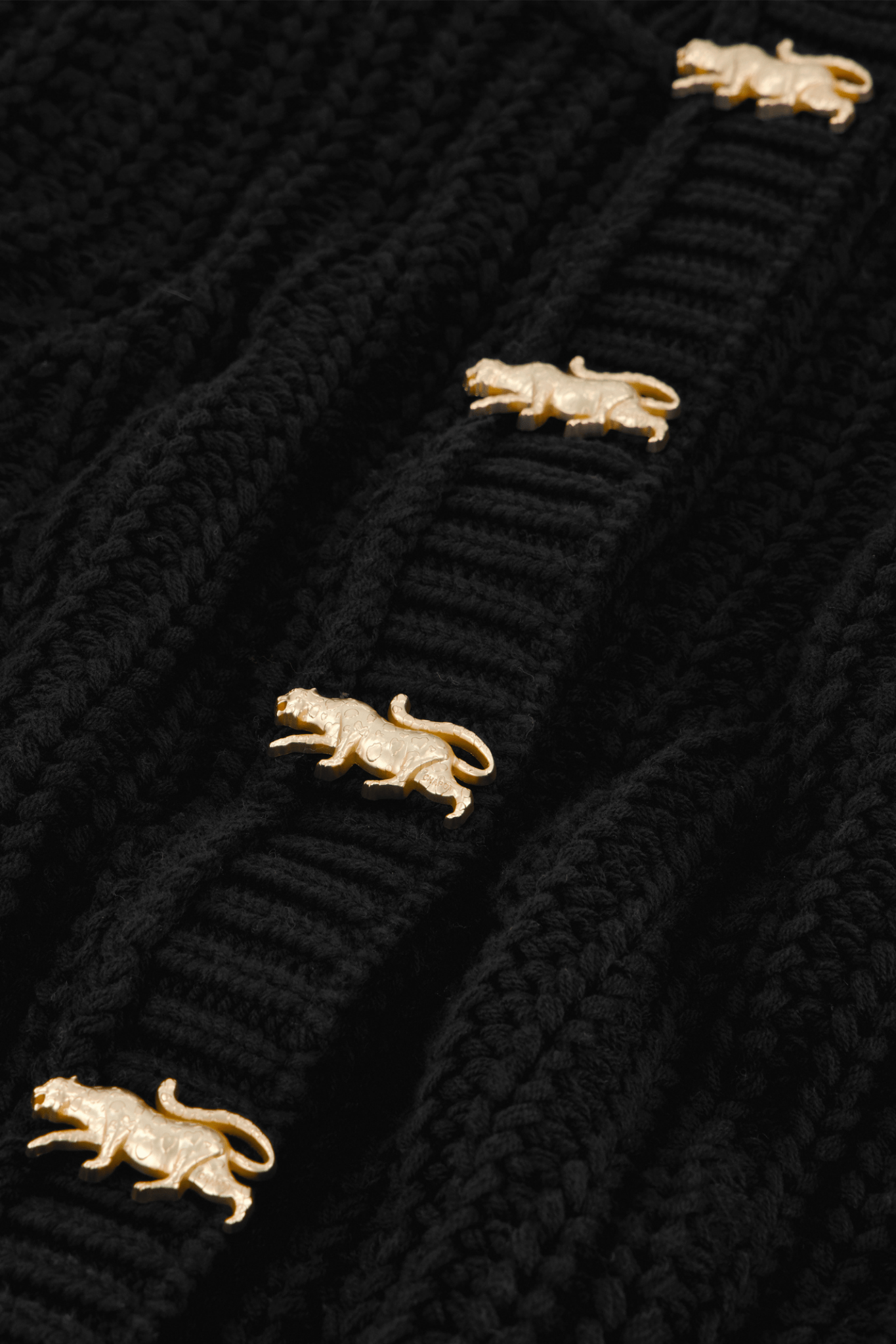 Fabienne Chapot black knitted cardigan with gold leopard buttons front view – Dotique

