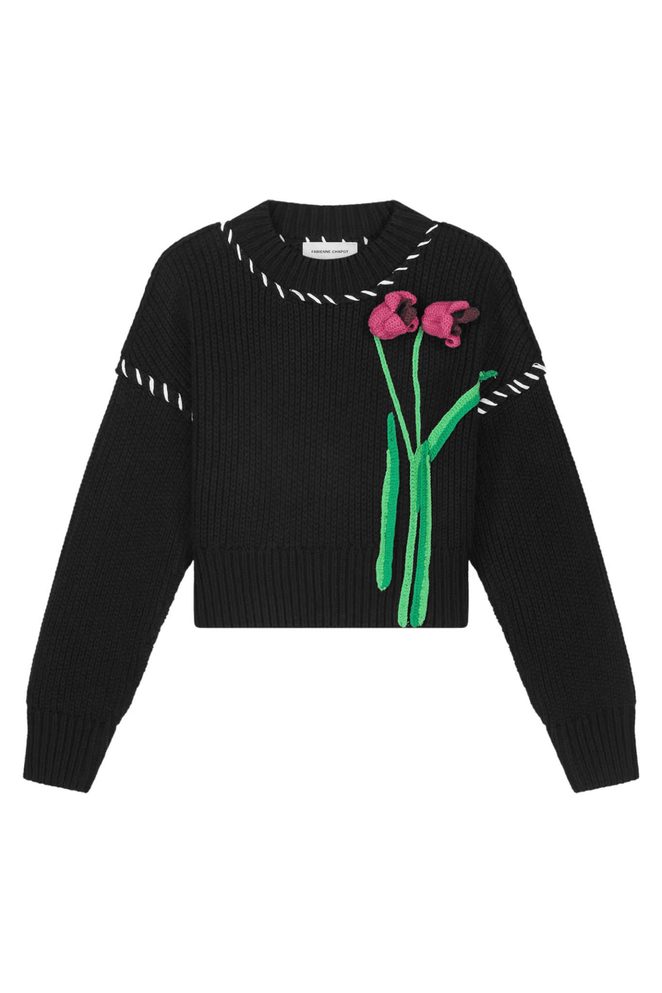 Fabienne Chapot black knit pullover with pink tulip embroidery front view – Dotique