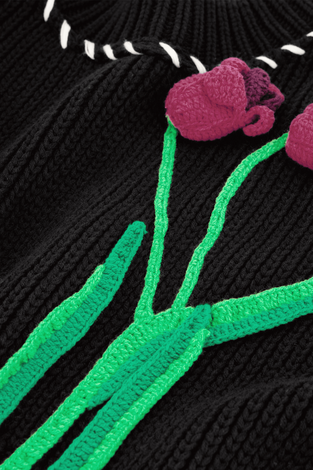Fabienne Chapot black knit pullover with pink tulip embroidery front view – Dotique