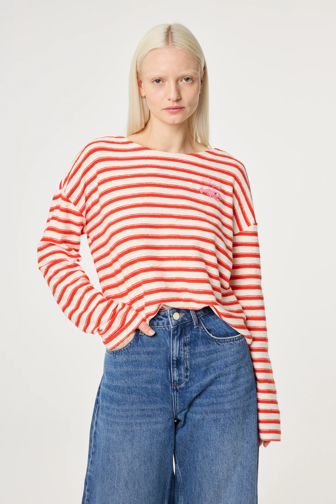 Fabienne Chapot Celina Top Cosy White/Tangerine Tango relaxed fit striped top in gallery position 1 shop Fabienne Chapot at Dotique