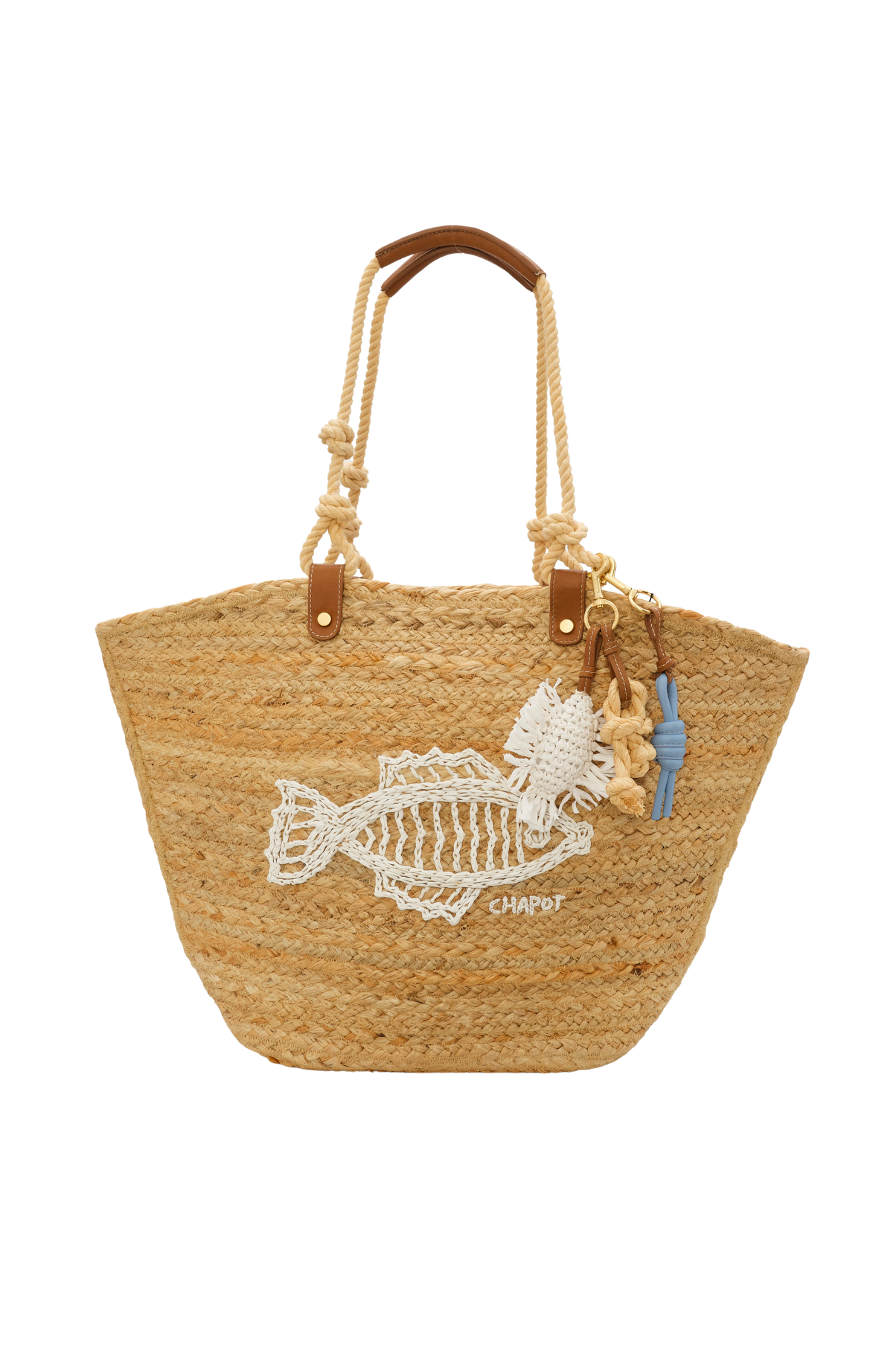 Front view of Fabienne Chapot Nico At Sea Bag Sand featuring rope handles and decorative fish detail shop Fabienne Chapot at Dotique