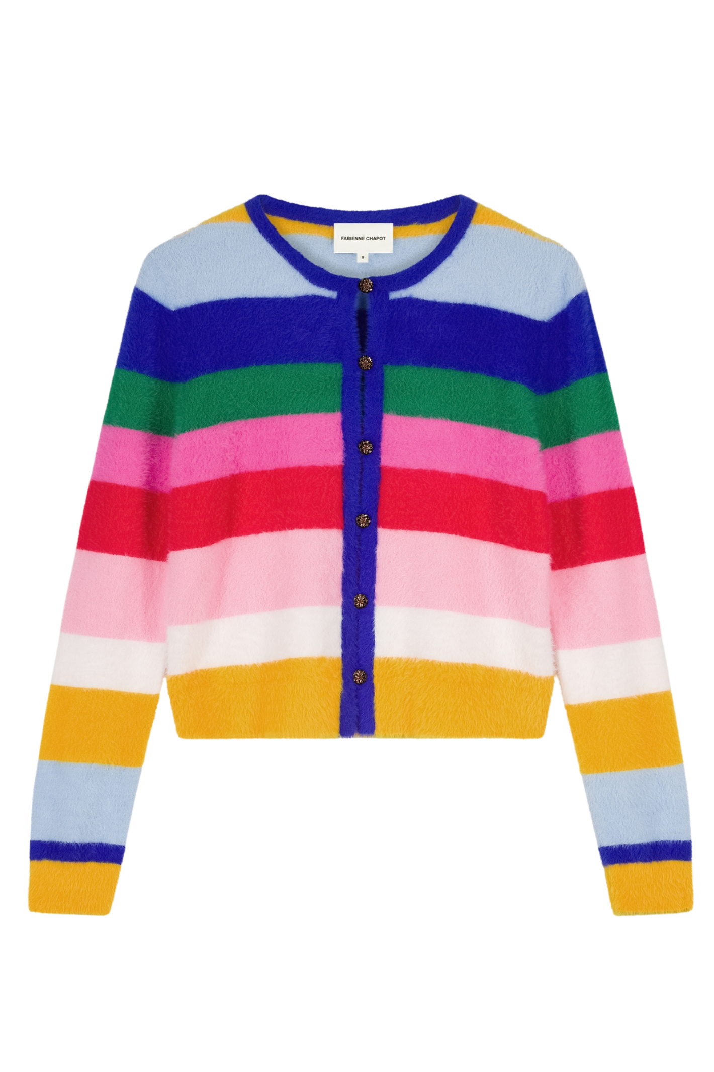 Fabienne Chapot Henry Cardigan in multi stripe — a colourful knit with button front and round neck. Add playful, everyday style at Dotique.
