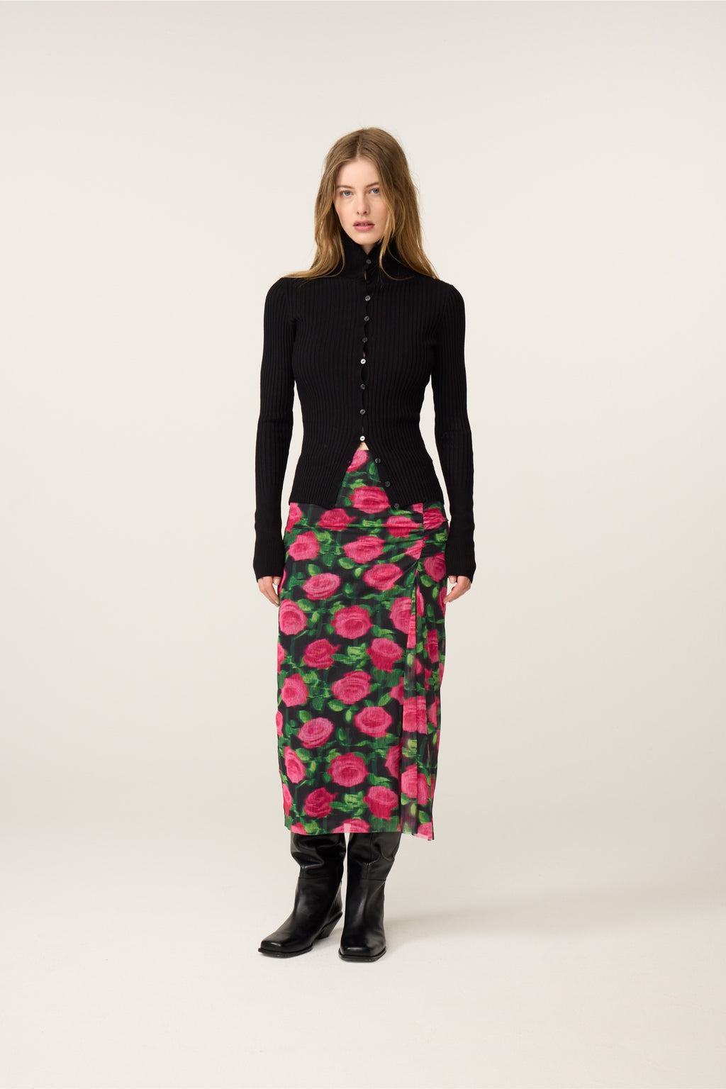 Fabienne Chapot Jessy Midi Skirt Fab Fuchsia/Black worn by model, shop Fabienne Chapot at Dotique for vibrant floral style.