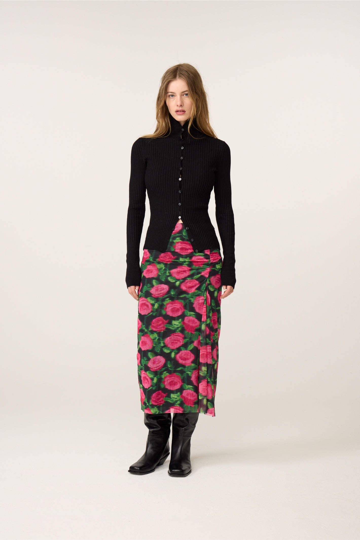 Fabienne Chapot Jessy Midi Skirt Fab Fuchsia/Black worn by model, shop Fabienne Chapot at Dotique for vibrant floral style.