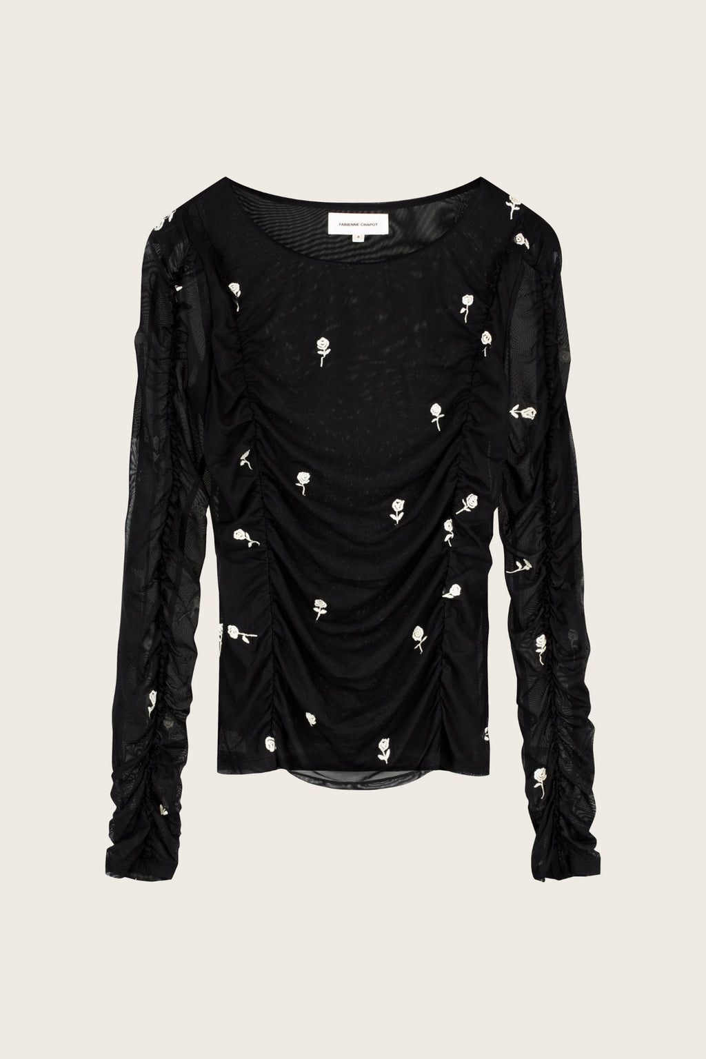 Fabienne Chapot Kamea Top Black/Cosy White by Fabienne Chapot, shop the vendor at Dotique for stylish, ruched floral design.