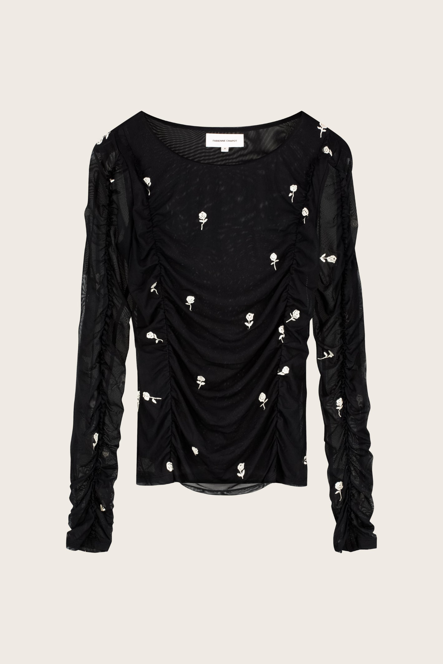 Fabienne Chapot Kamea Top Black/Cosy White by Fabienne Chapot, shop the vendor at Dotique for stylish, ruched floral design.