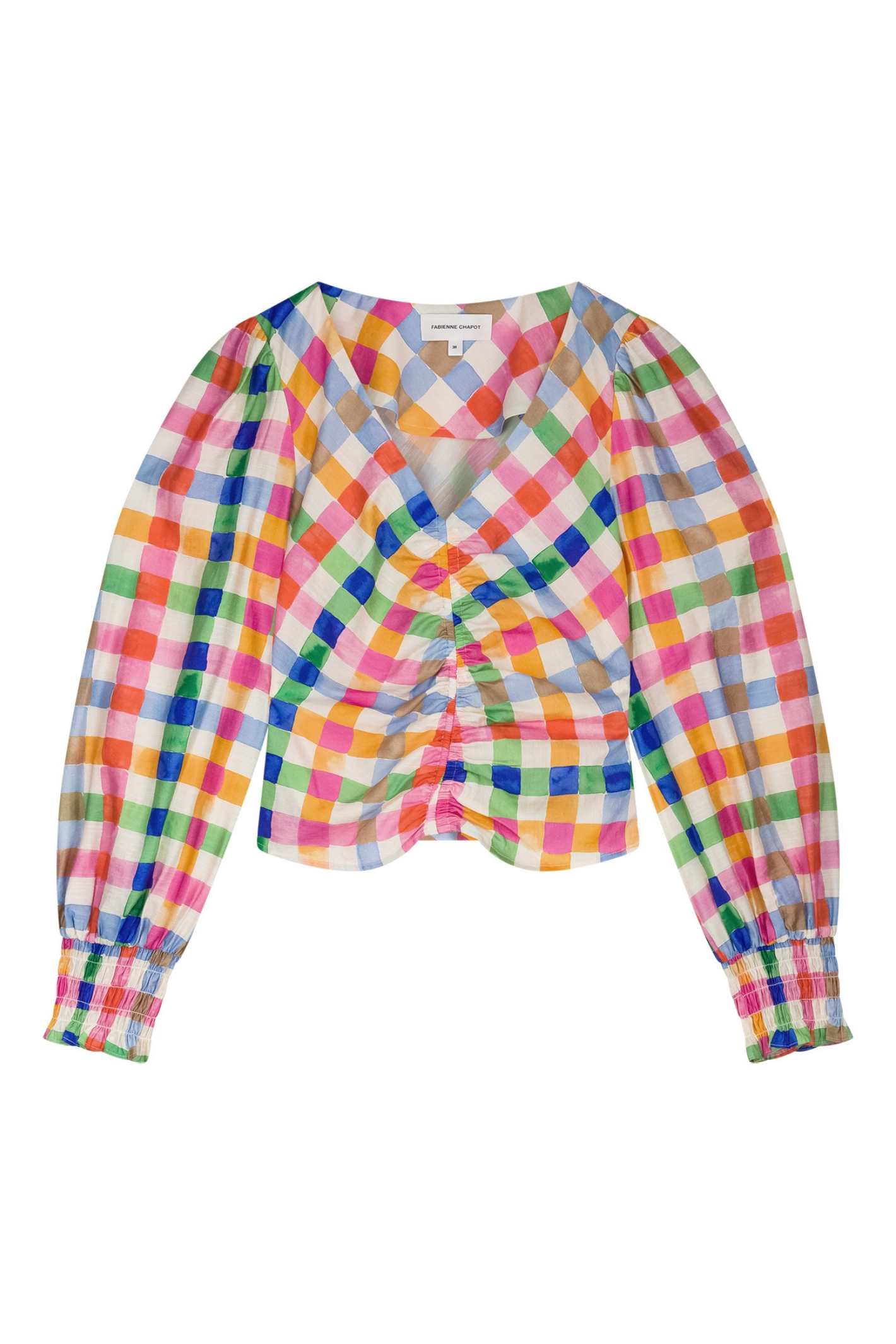 Fabienne Chapot Madeleine Top in cosy white with solar orange accents. Lightweight viscose blend blouse with relaxed fit. Shop at Dotique.