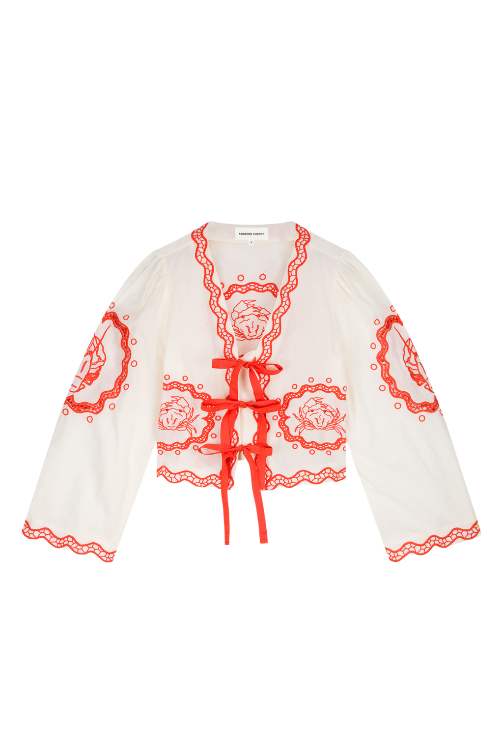 Fabienne Chapot Serviette Blouse Cosy White/Tangerine Tango with red embroidery, shop Fabienne Chapot at Dotique