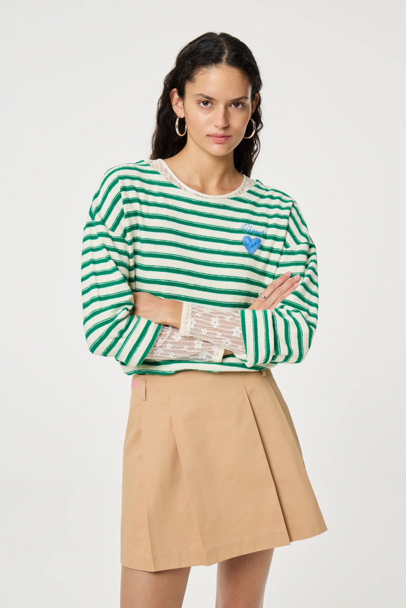 Fabienne Chapot Celina Top Cosy White Green worn by model, shop Fabienne Chapot at Dotique for stylish organic cotton fashion
