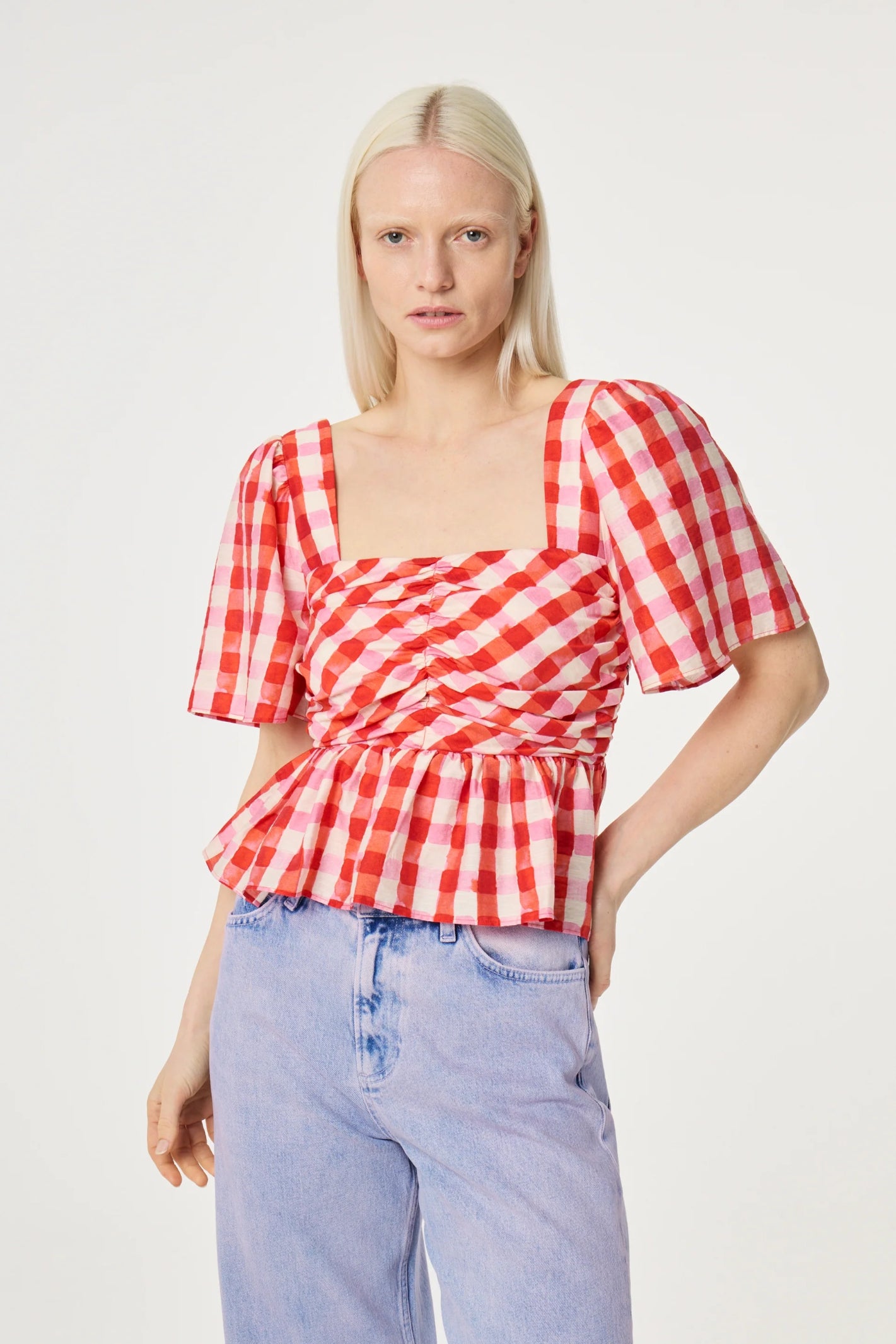 Fabienne Chapot Carletta Top Tangerine Tango/Cosy White worn by model, shop Fabienne Chapot at Dotique for vibrant style