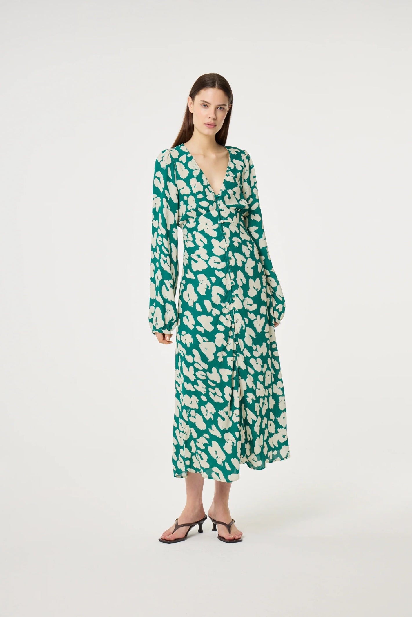 Fabienne Chapot Ana Dress Evergreen/Cosy White worn by model, shop Fabienne Chapot style now at Dotique online store