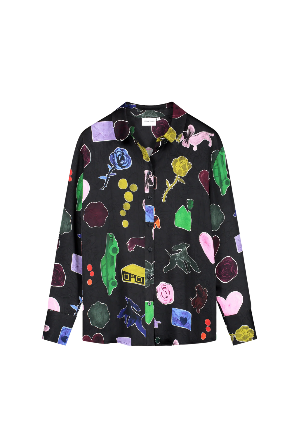 Black long sleeve shirt with colorful abstract shapes on a white background