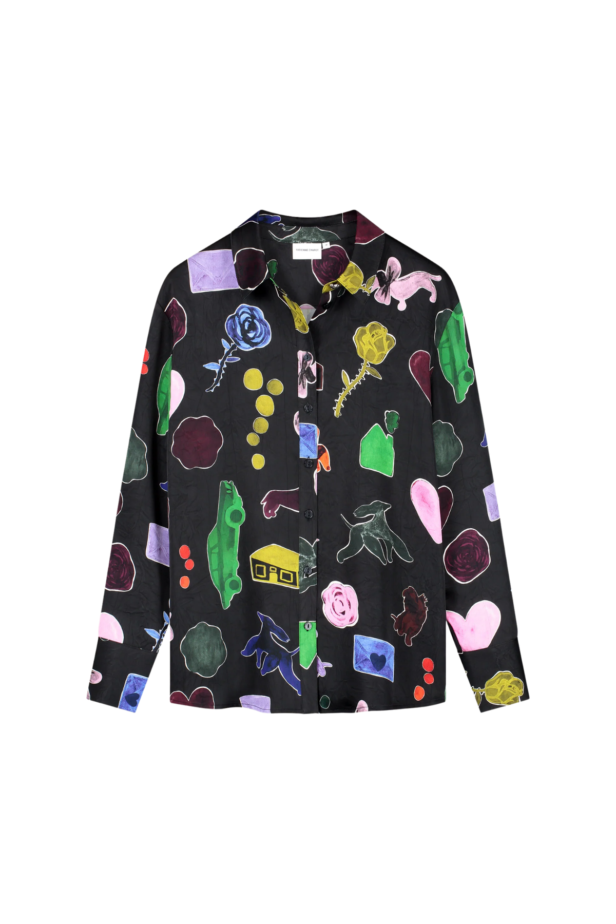 Black long sleeve shirt with colorful abstract shapes on a white background