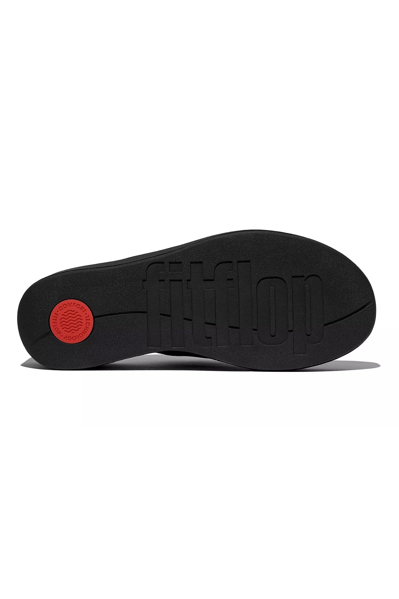 Fitflop Platfforms Wedge Toe-Post Sandals All Black sole view showcasing Fitflop logo Shop Fitflop at Dotique