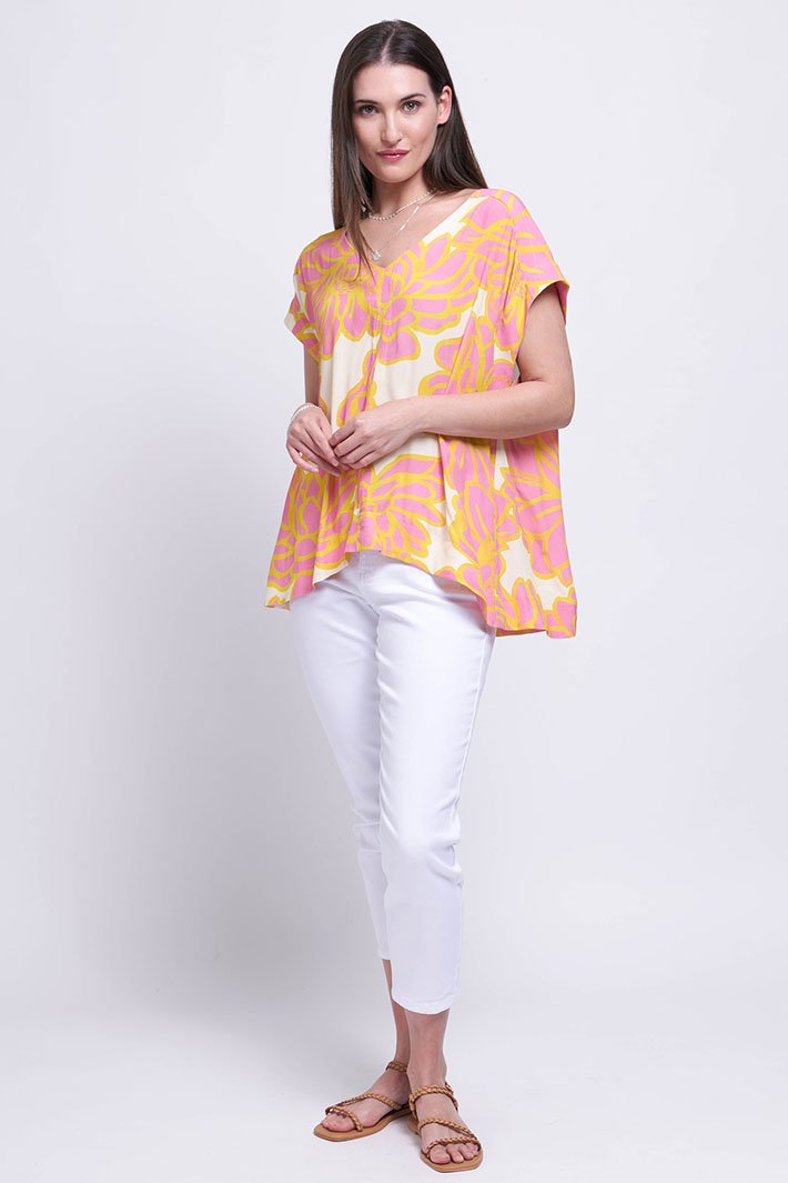 Foil 7345 Full Bloom Pink Floral Print V-Neck Top - Dotique