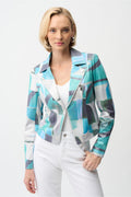 Model wearing Joseph Ribkoff Foiled Faux Suede Geometric Print Fitted Jacket 261911 in blue and grey tones by Joseph Ribkoff, shop Joseph Ribkoff at Dotique.