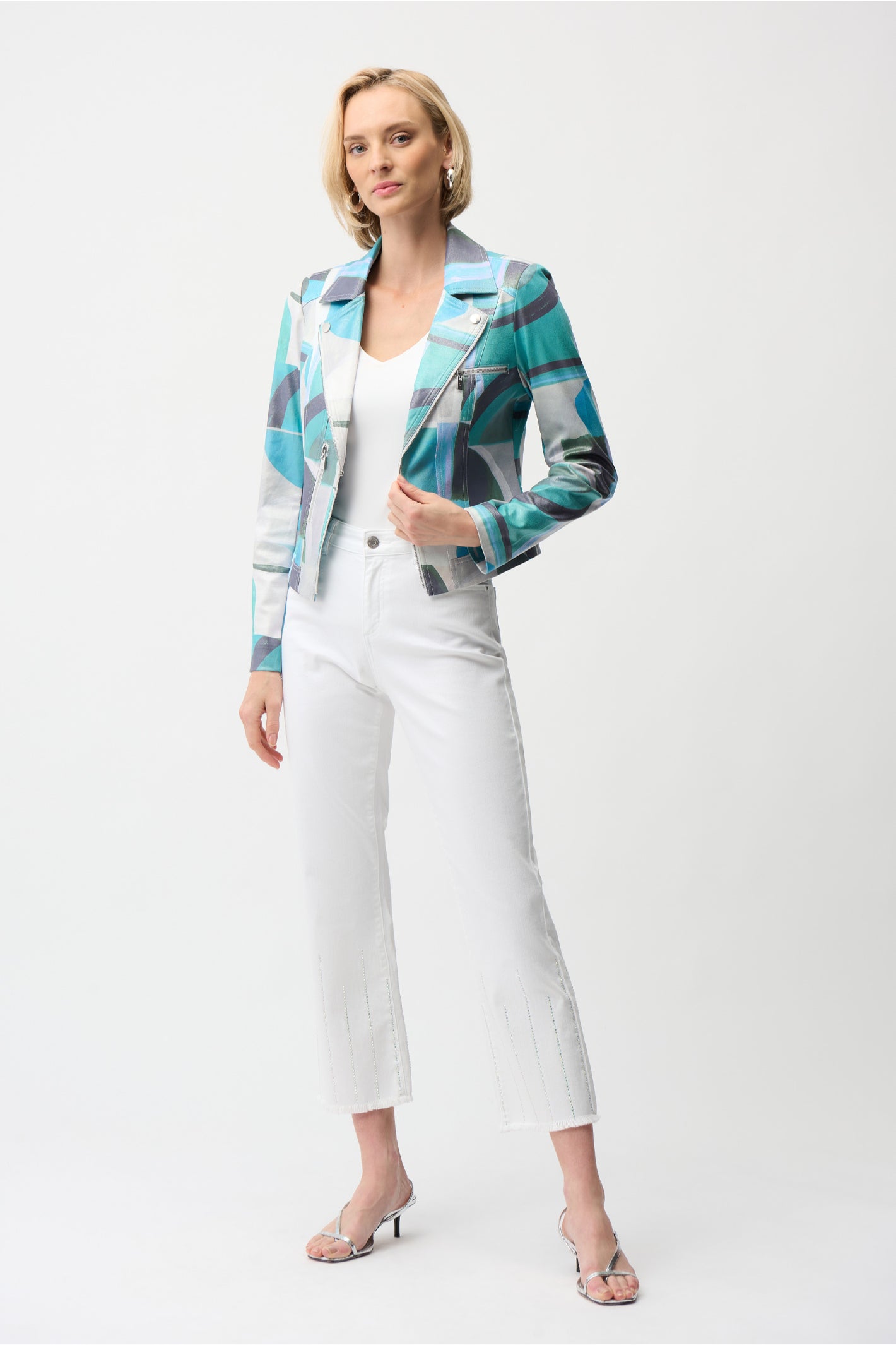Model wearing Joseph Ribkoff Foiled Faux Suede Geometric Print Fitted Jacket 261911 in blue and white by Joseph Ribkoff, shop Joseph Ribkoff at Dotique.