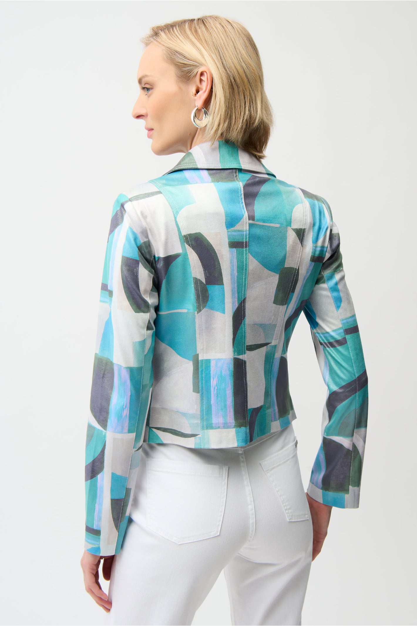 Model showcasing the back of Joseph Ribkoff Foiled Faux Suede Geometric Print Fitted Jacket 261911 in blue and gray tones by Joseph Ribkoff, shop Joseph Ribkoff at Dotique.