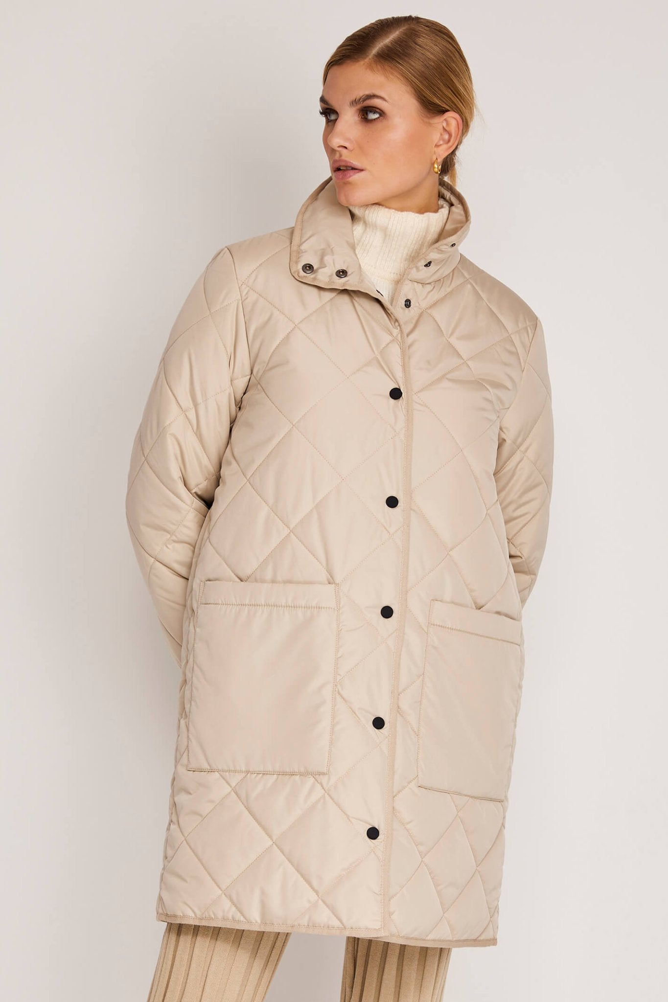 Frandsen 00760-00292-13 Beige High Neck Hooded Coat - Dotique Chesterfield