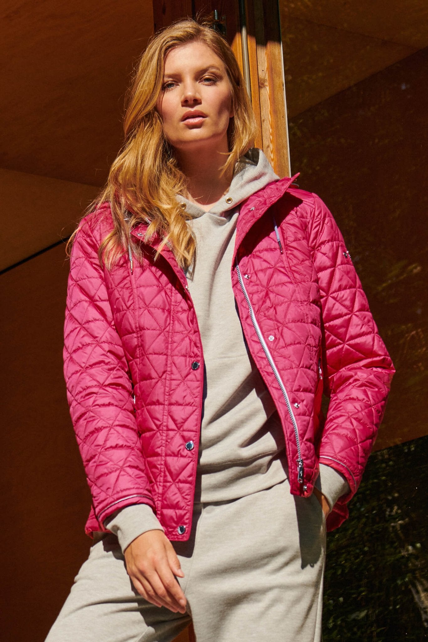 Frandsen 435-321-43 Pink Quilted Hooded High Neck Jacket - Dotique