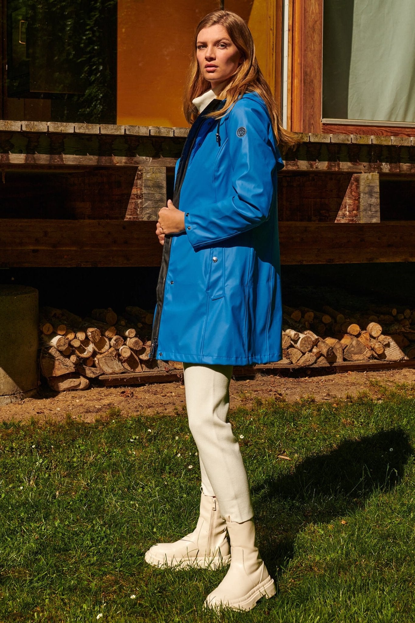 Frandsen 451-245-60 Blue High Neck Raincoat With Hood - Dotique