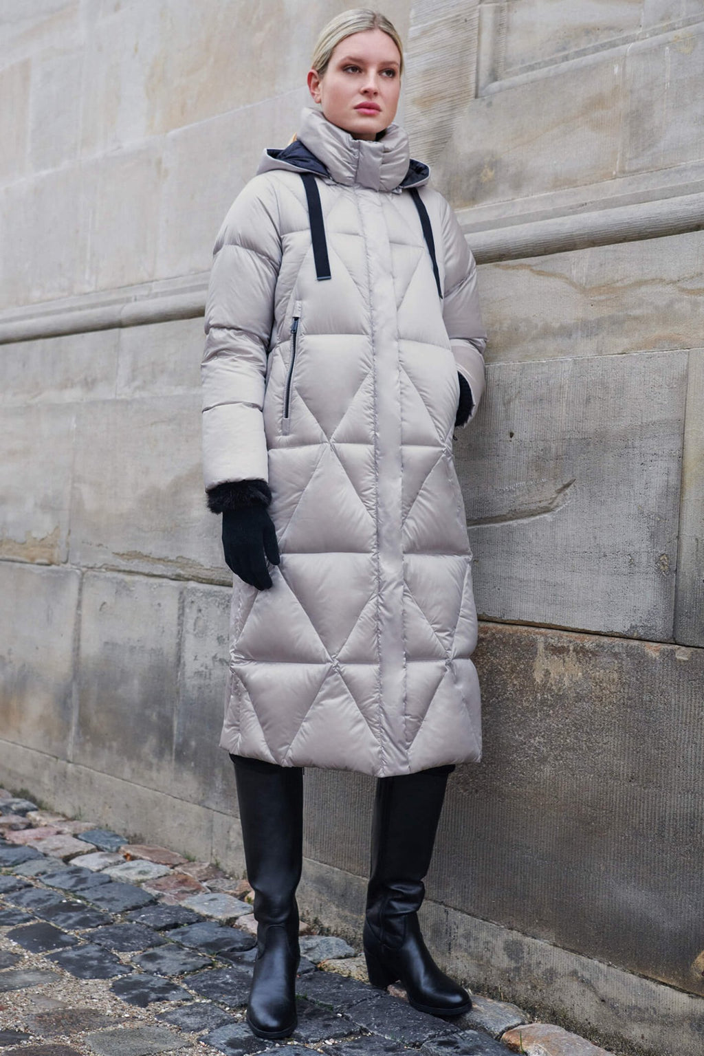 Frandsen 567-580-1190 Silver Grey Long Quilted Down Coat - Dotique