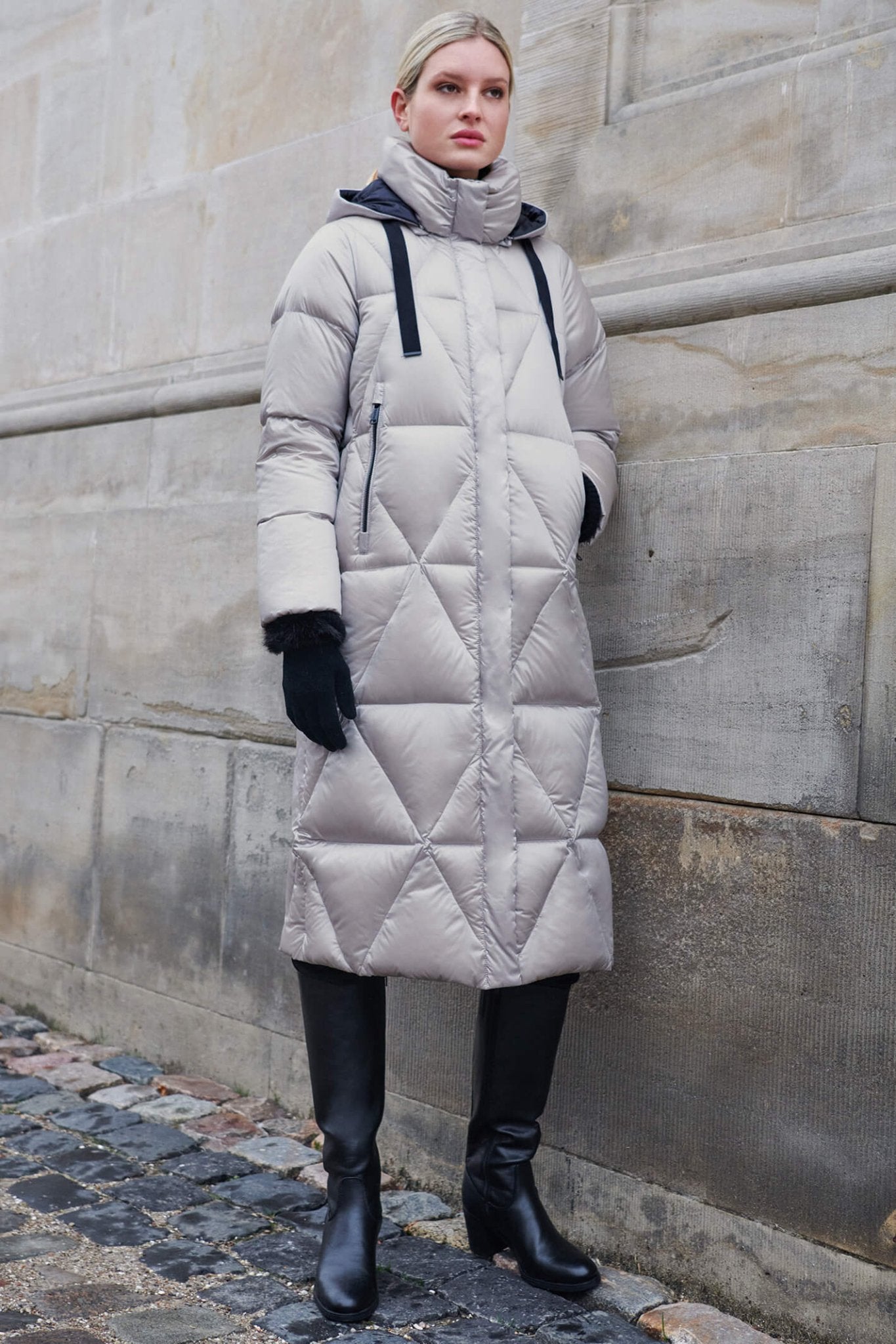 Frandsen 567-580-1190 Silver Grey Long Quilted Down Coat - Dotique