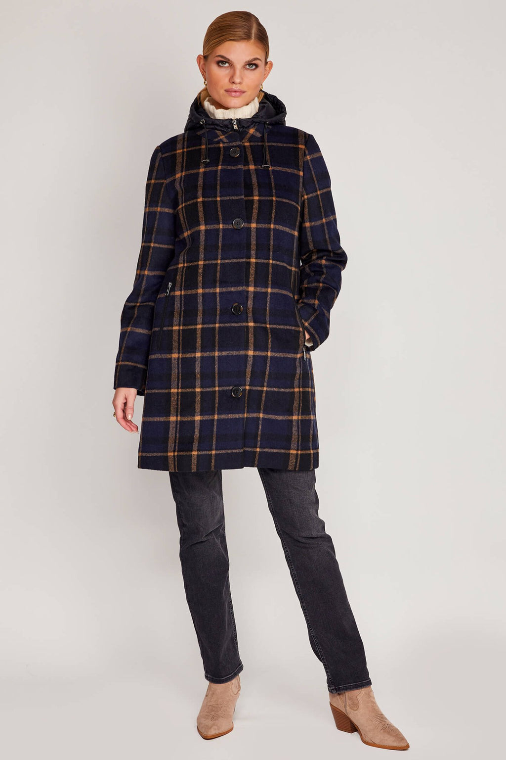 Frandsen 784-139-69 Navy Check Button Front Hooded Coat - Dotique