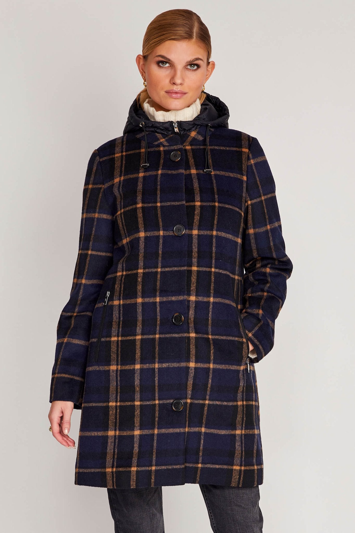 Frandsen 784-139-69 Navy Check Button Front Hooded Coat - Dotique
