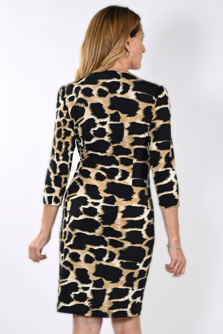 Frank Lyman 233129 Black Beige Animal Print Wrap Top Dress - Dotique