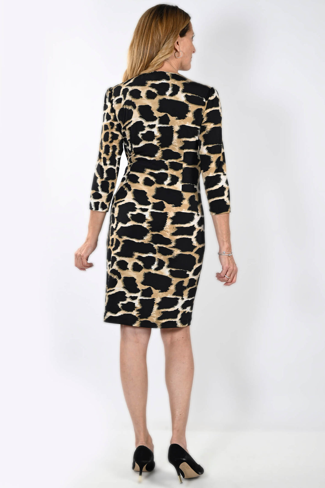 Frank Lyman 233129 Black Beige Animal Print Wrap Top Dress - Dotique