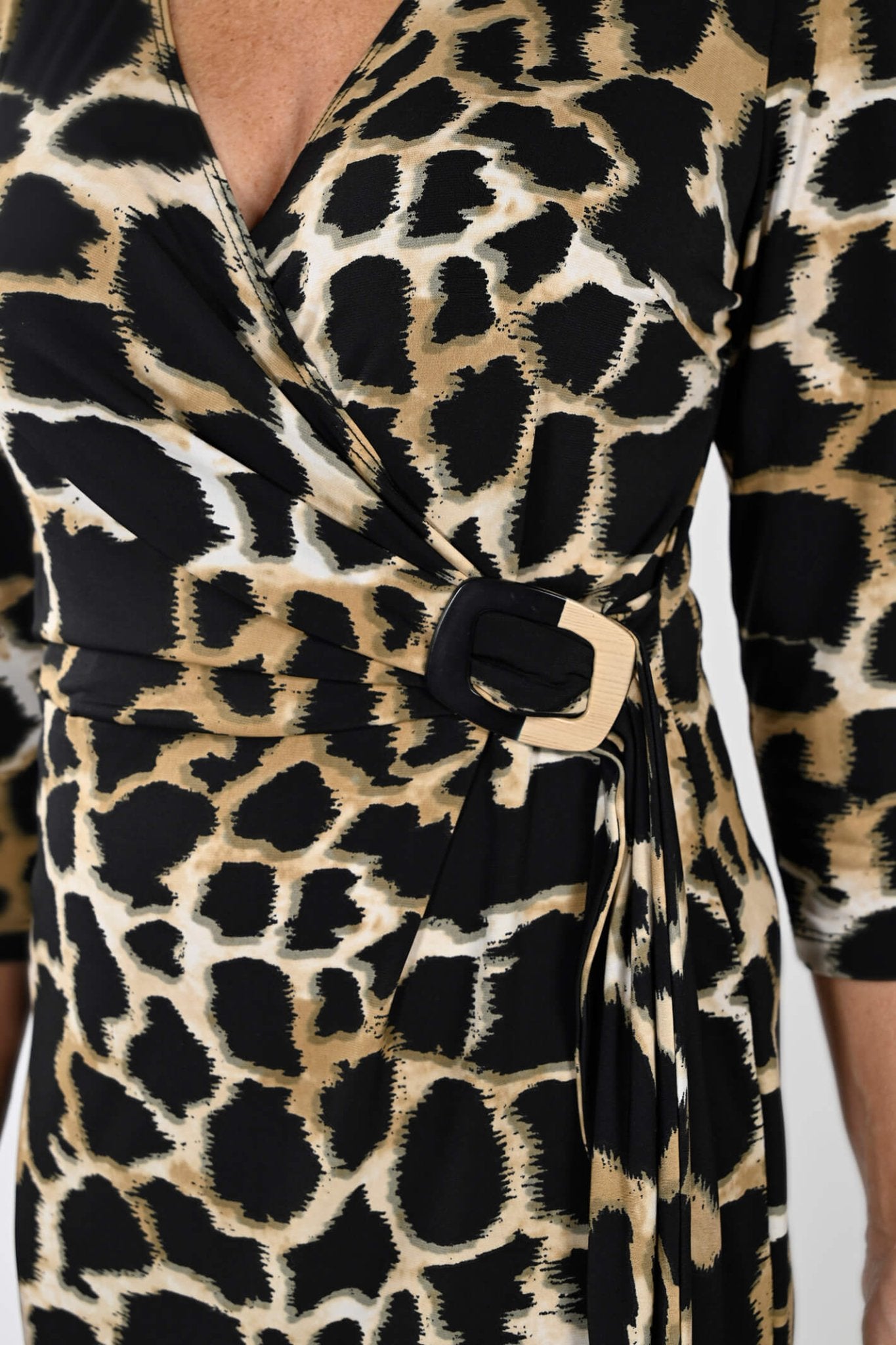 Frank Lyman 233129 Black Beige Animal Print Wrap Top Dress - Dotique