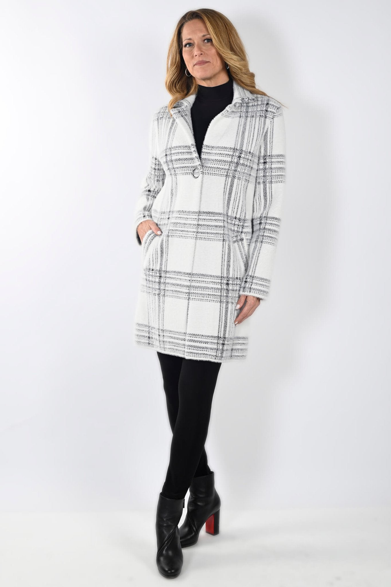 Frank Lyman 233860U White Black Check Longline Jacket - Dotique