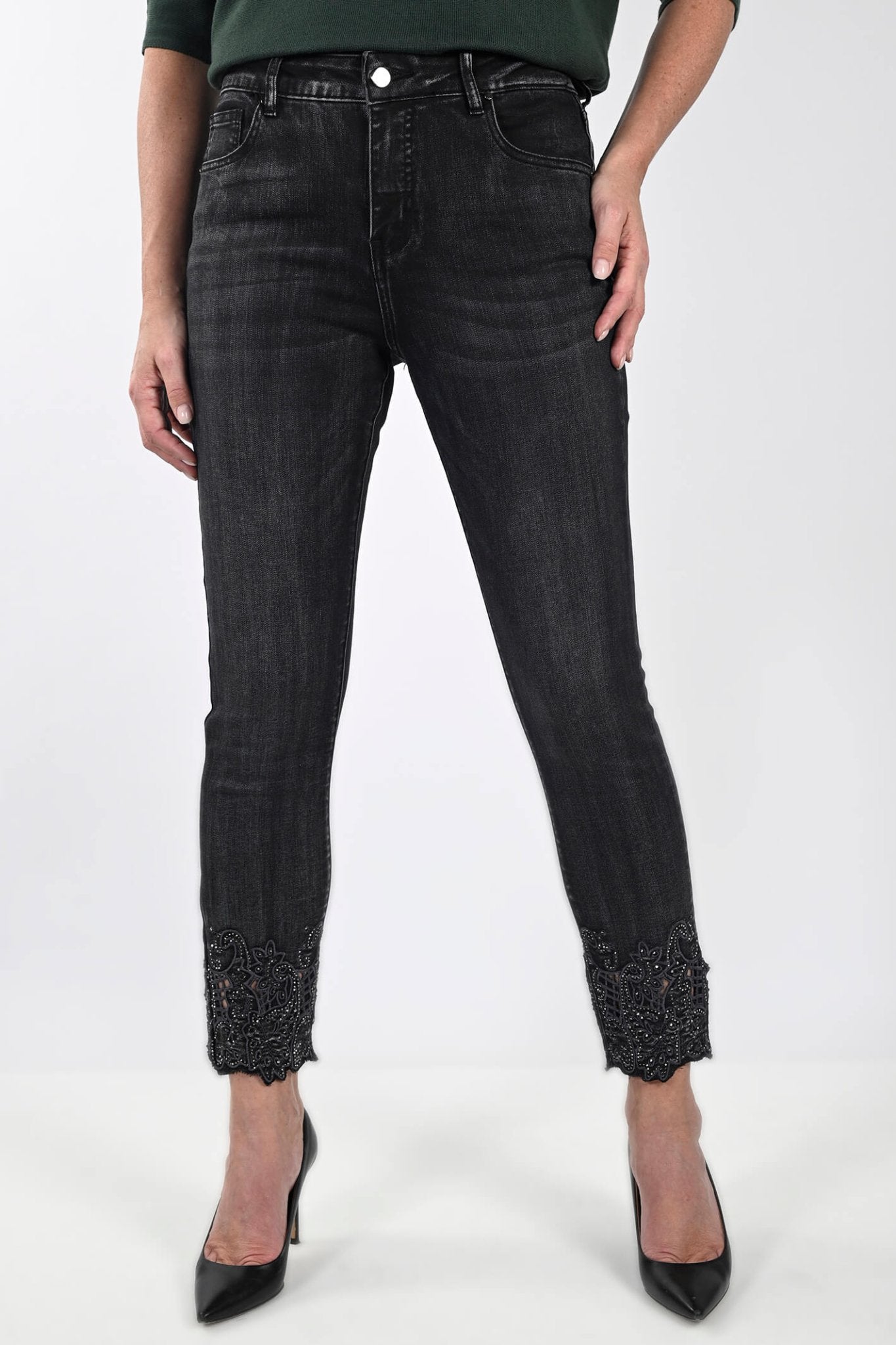 Frank Lyman 233871U Black Diamante Ankle Grazer Jeans - Dotique