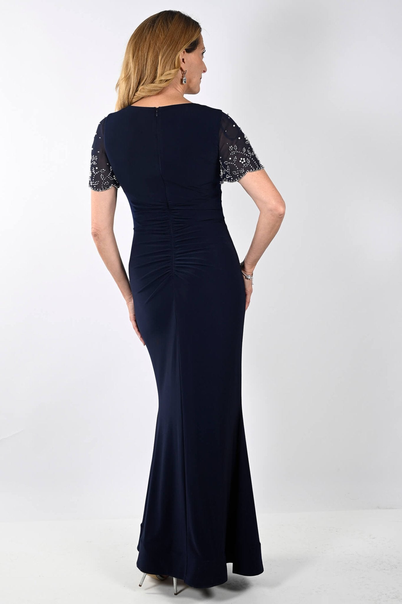 Frank Lyman 239014 Navy Waterfall Sleeve Evening Dress - Dotique