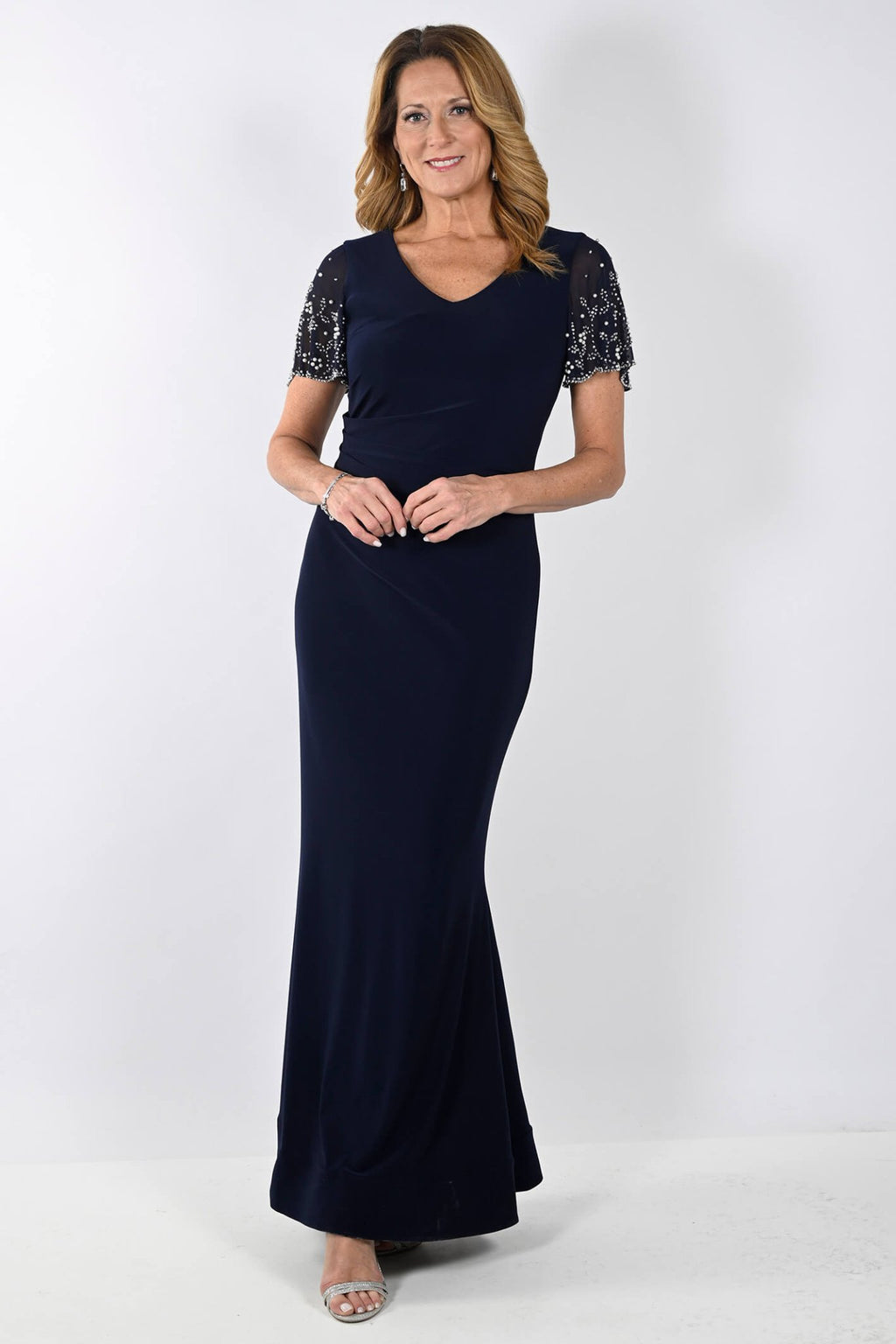 Frank Lyman 239014 Navy Waterfall Sleeve Evening Dress - Dotique