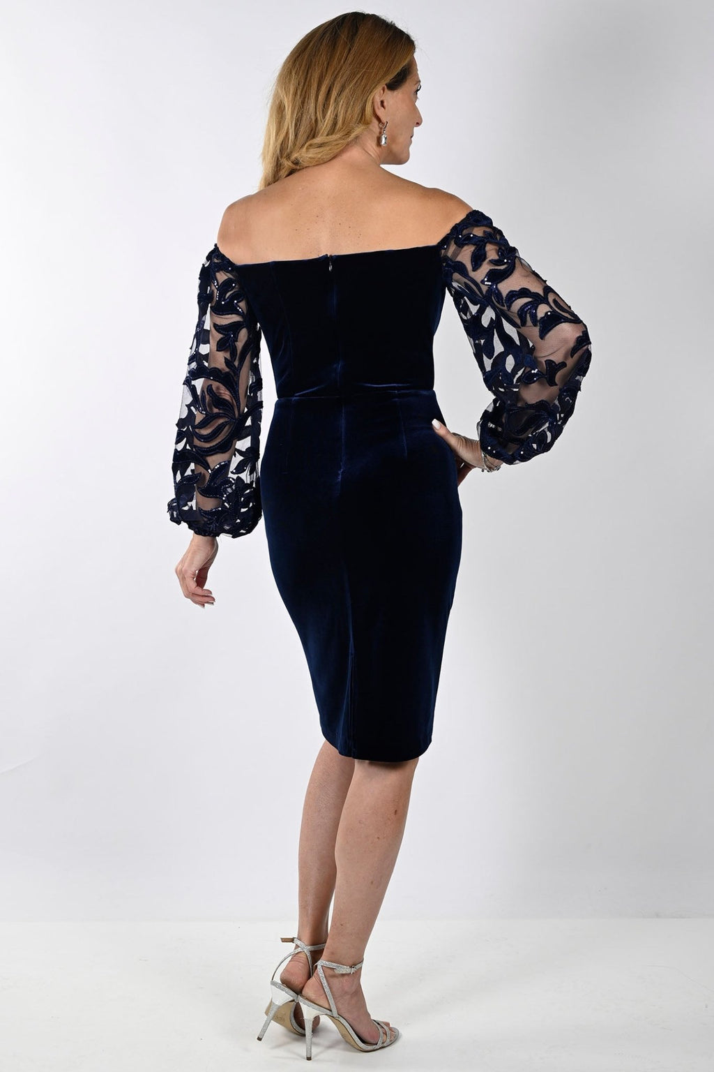 Frank Lyman 239226 Navy Velvet Bardot Neckline Occasion Dress - Dotique