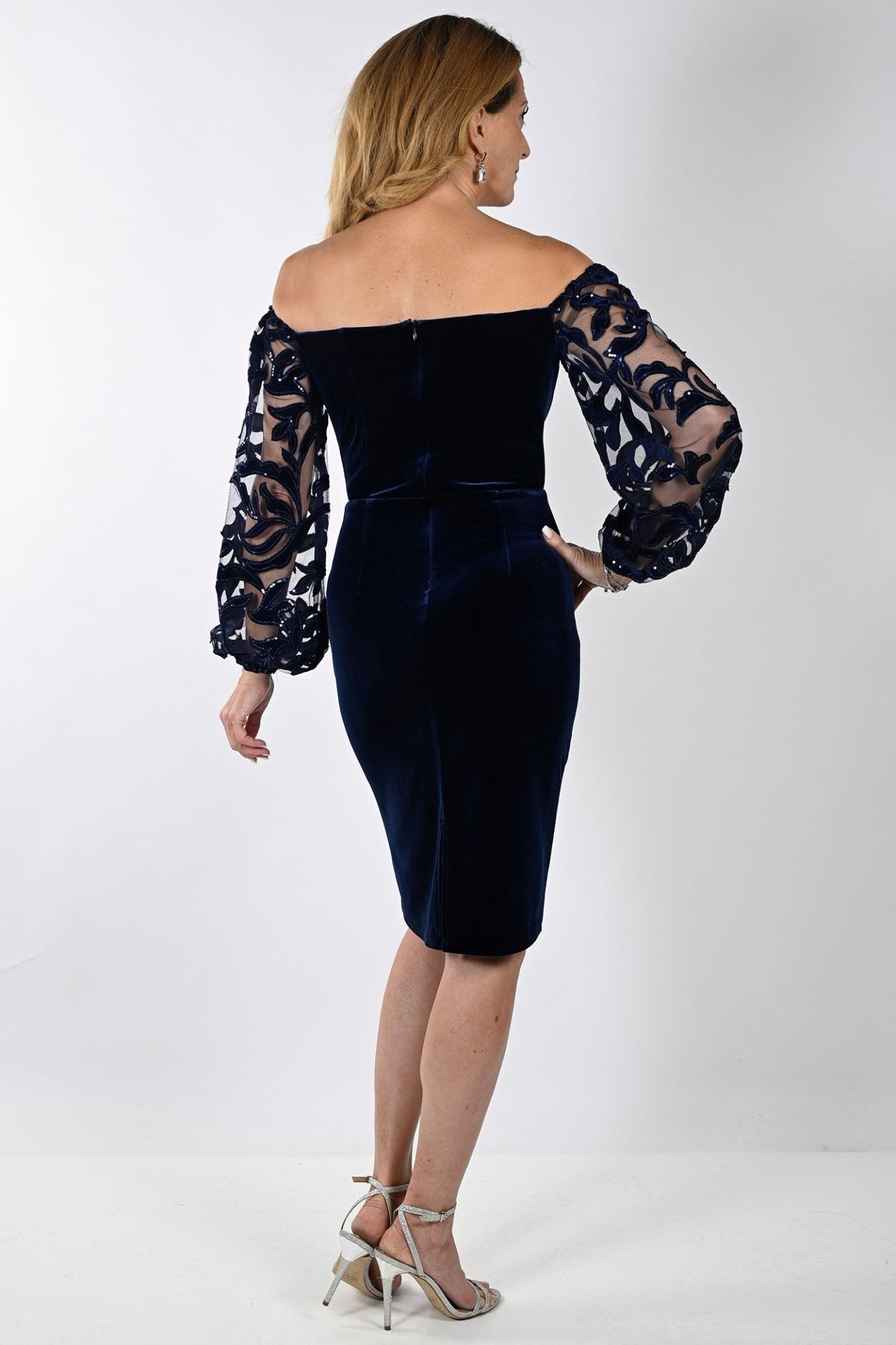 Frank Lyman 239226 Navy Velvet Bardot Neckline Occasion Dress - Dotique