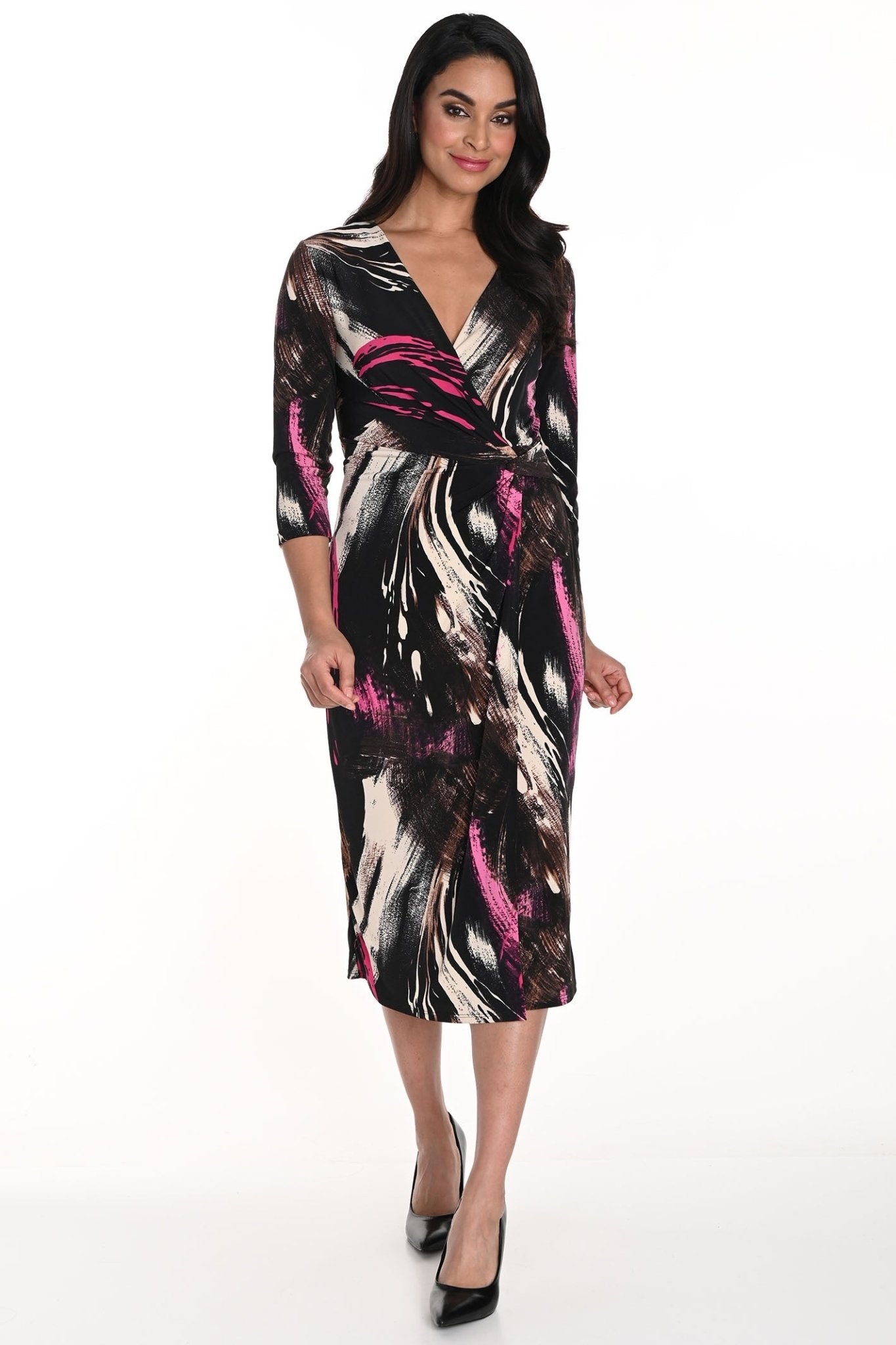 Frank Lyman 243123 Black Pink Print Wrap Style Dress - Dotique