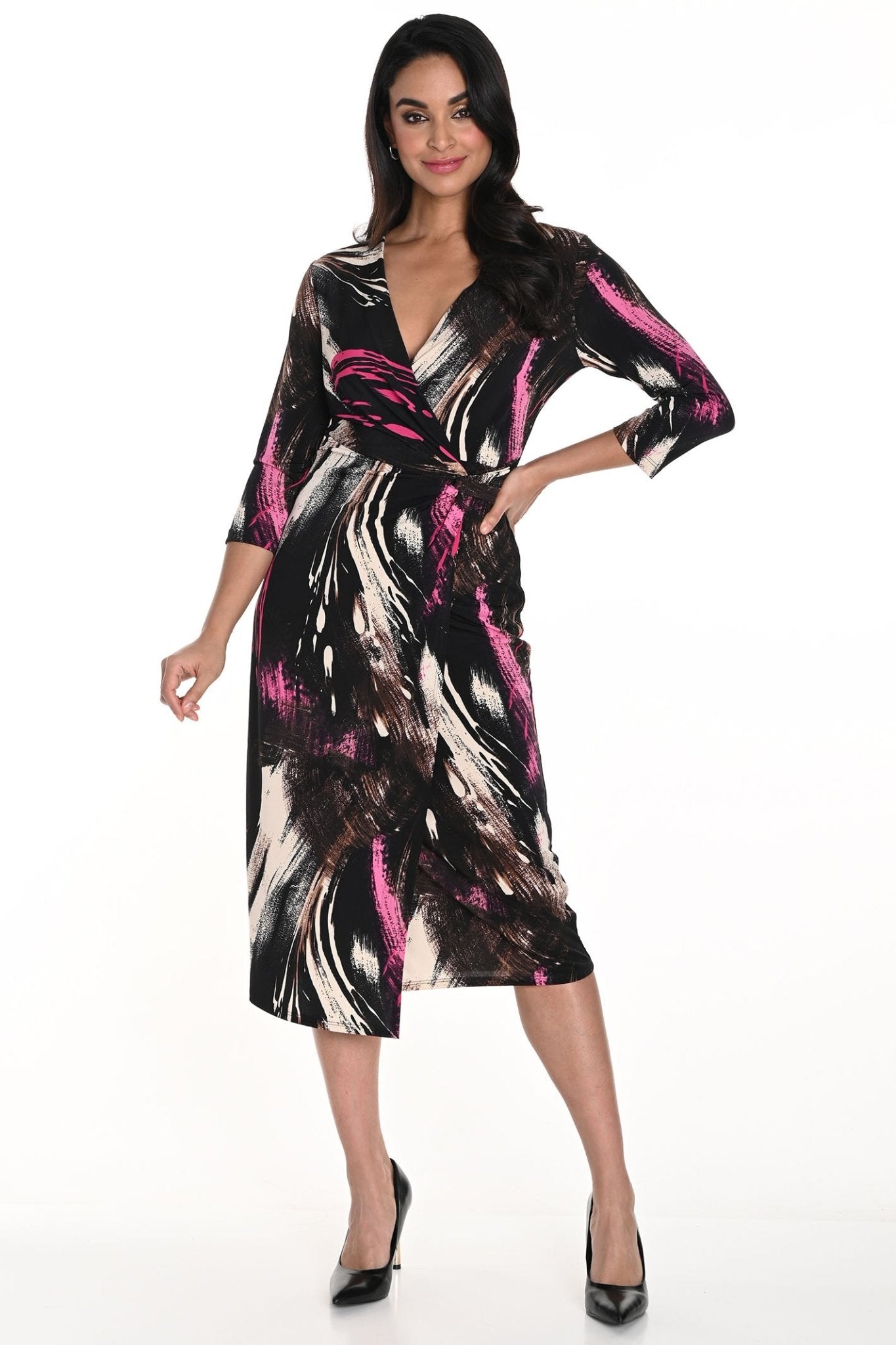 Frank Lyman 243123 Black Pink Print Wrap Style Dress - Dotique