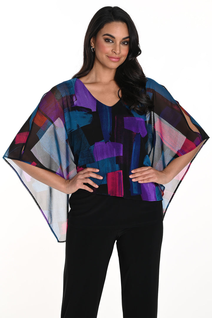 Frank Lyman 243302 Black Fuchsia Turquoise Black Print Chiffon Cape Top - Dotique