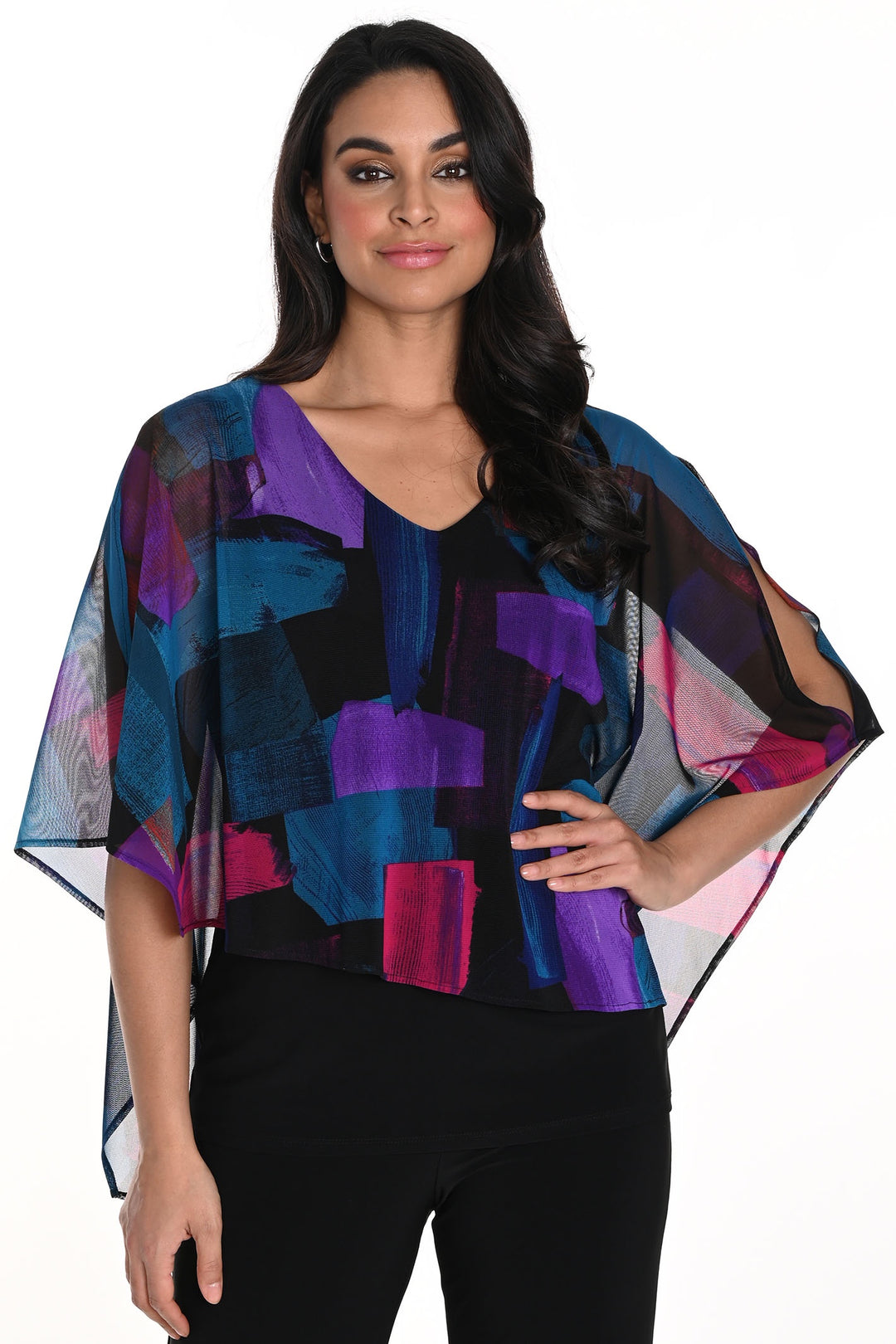 Frank Lyman 243302 Black Fuchsia Turquoise Black Print Chiffon Cape Top - Dotique