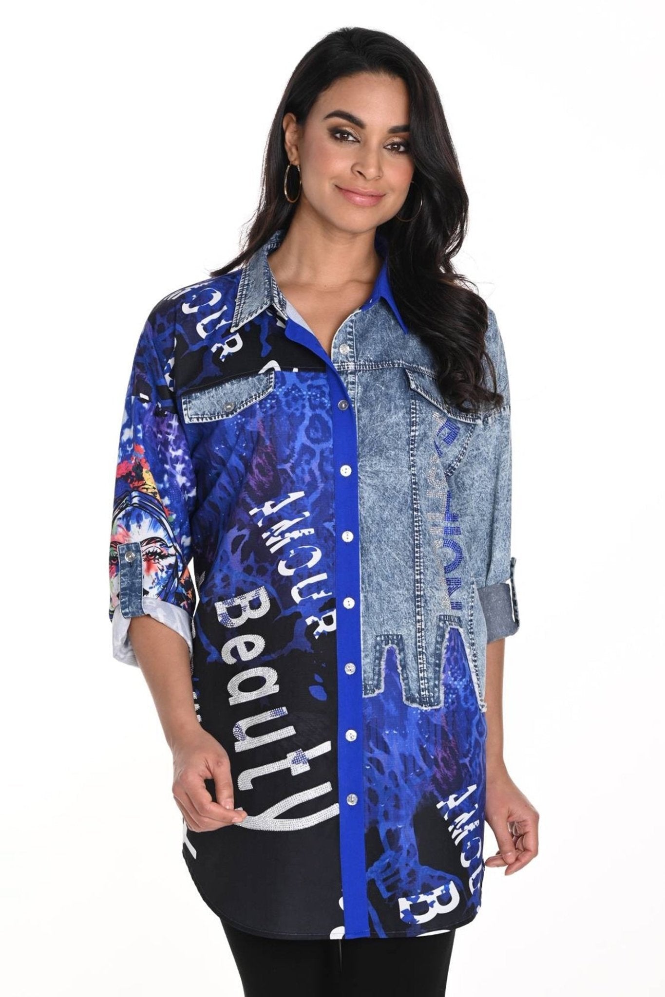 Frank Lyman 243528U Multi Abstract Crystal Blue Print Shirt - Dotique