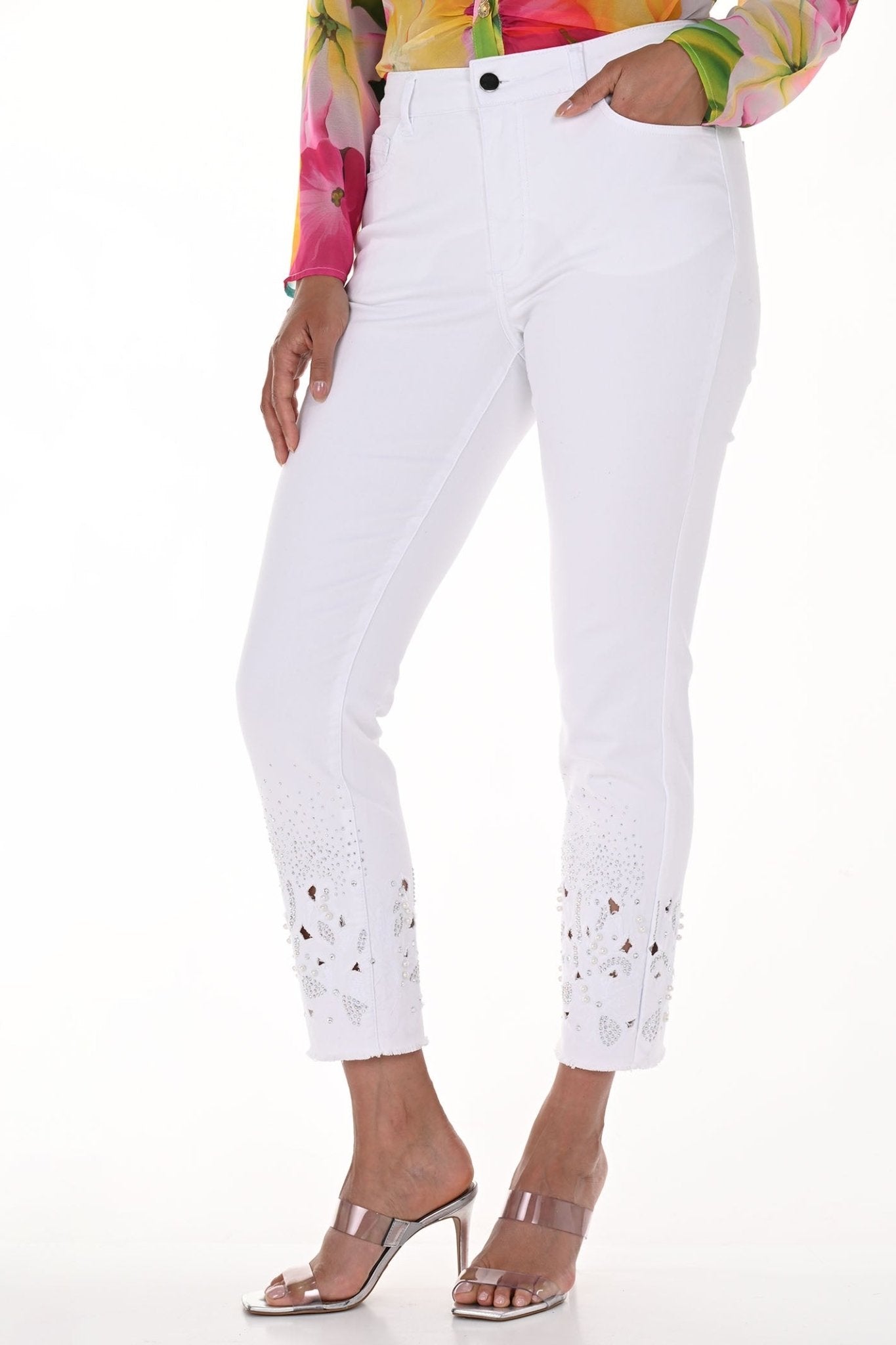 Frank Lyman 246212U White Crystal Hem Ankle Grazer Jeans - Dotique - Frank Lyman