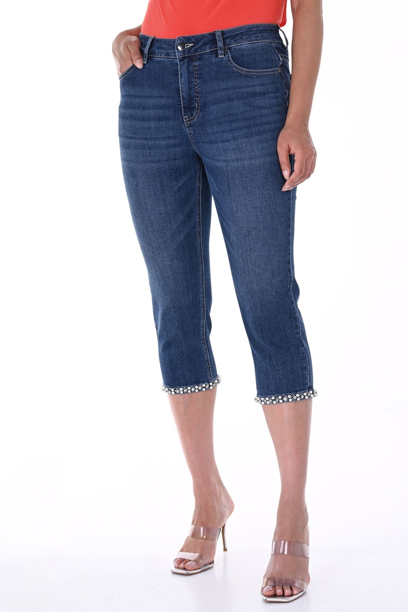 Frank Lyman 246271u Denim Crop Jean with Bow and Pearl Detail - Dotique